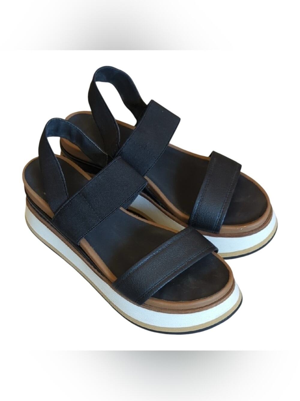 Crown Vintage Platform Sandals Women's 7 Black Elastic Comfort Slingback Casual
